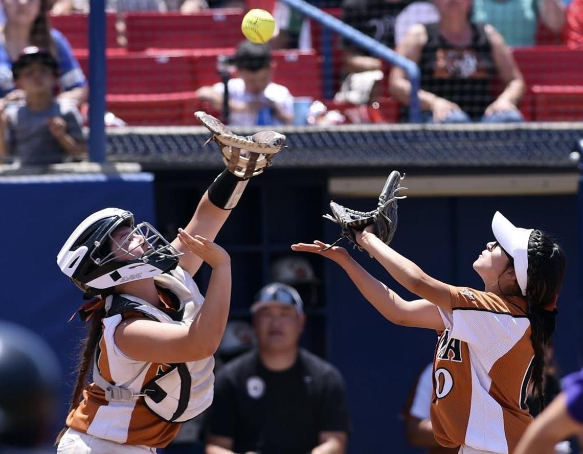 Selma High catcher Aly Cerda, left, and Hailey Garcia are the 2017 Central Sequoia League MVP and Most Valuable Pitcher, respectively. The Bears won the Central Section Division IV championship, beating Mission Oak 2-0.
