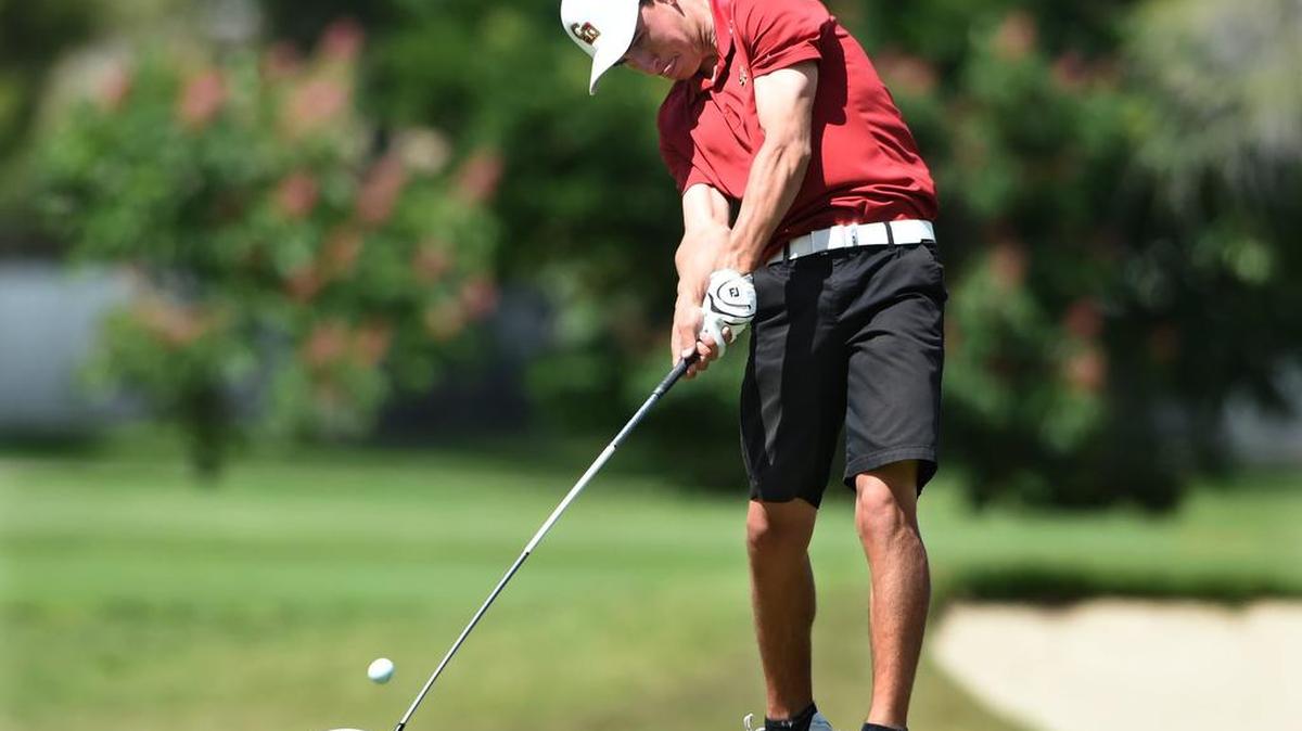 Clovis West’s Tyler Gardner drives during the first round of the Tri-River Athletic Conference 36-hole, two-week boys golf championship, Monday afternoon, April 25, 2016.