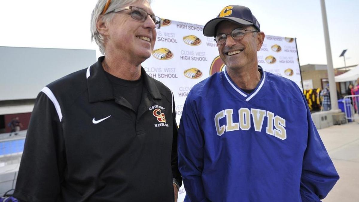 Clovis West High’s Steve Mosher, left, and Clovis’ Terry Giffen talk before squaring off one final time in the regular season when the Golden Eagles hosted the Cougars in a Tri-River Athletic Conference match Wednesday. Both are retiring at the end of the season after 33 years as friendly coaching adversaries, including the past 20 for rival high schools.