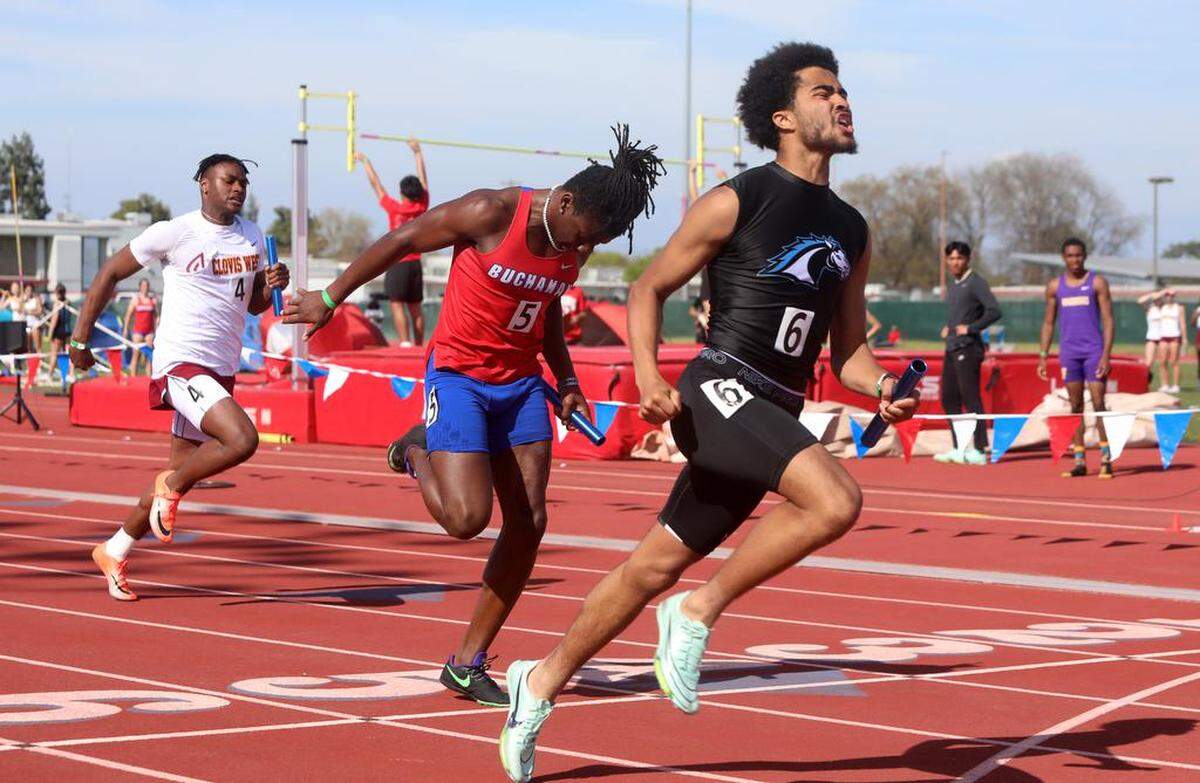 Clovis North freshman David Williams anchored his team to first in the boys 4x100 relay with a time of 42.29 seconds at the Sanger Metric Classic on April 21, 2023.