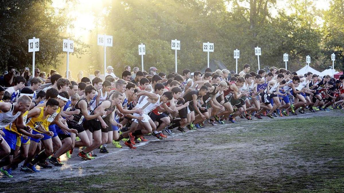 
Runners in the Division III boys varsity race burst off the starting line at the Asics Clovis Invitational cross country meet at Woodward Park Saturday, Oct. 10, 2015.

