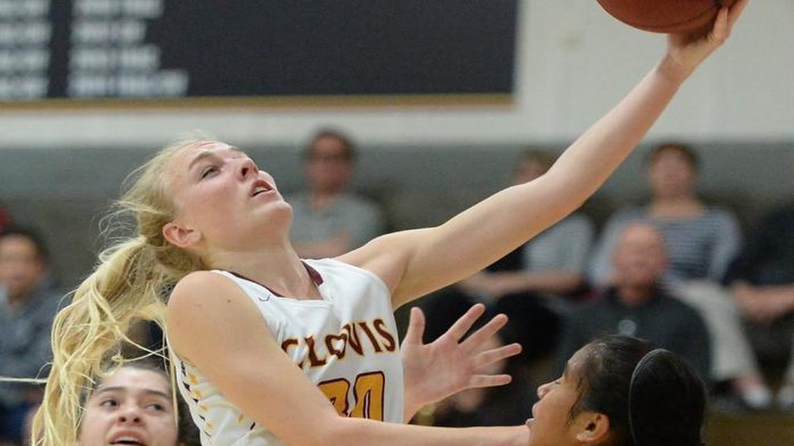 Clovis West’s Megan Anderson, driving to the basket in the CIF Southern California Regional Open Division quarterfinal against Troy, scored a team-leading 21 points Tuesday night, March 14, 2017 in the Golden Eagles’ 73-31 semifinal victory over Bishop’s.