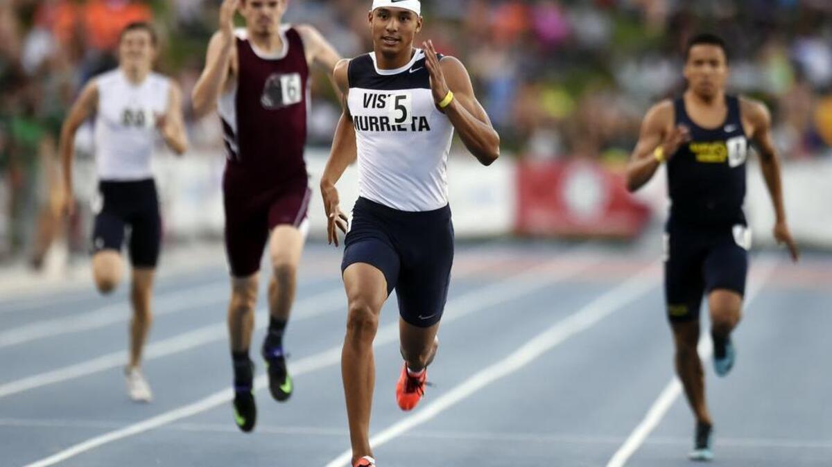 Vista Murrietta’s Michael Norman, center, places first in the 400 meters at the state CIF Track and Field Championships on June 4, 2016 at Veterans Memorial Stadium in Clovis, Calif.