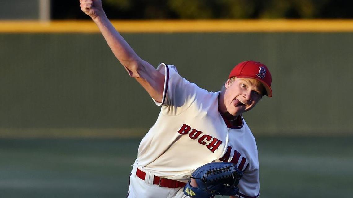 Buchanan High’s Jacob King pitches against Clovis West in the Central Section Division I baseball semifinal Wednesday, May 24, 2017. King and the Bears advanced to Saturday’s championship with a 3-2 victory.