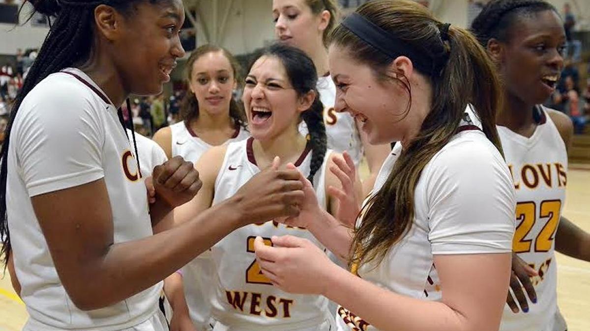 From left, Bre’yanna Sanders, Danae Marquez and Sarah Bates will lead second-seeded Clovis West into a CIF Southern California Regional Open Division girls basketball semifinal against No. 3 Long Beach Poly at 7 p.m. Tuesday.