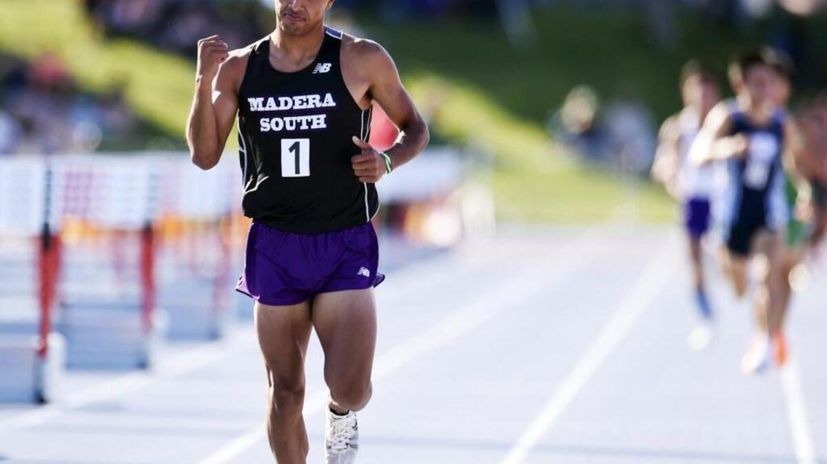 Madera South High’s Eduardo Herrera pumps his fist after win the 1,600 at the Central Section Master Track and Field Championships May 21, 2016, at Buchanan’s Veterans Memorial Stadium. He returns there for the CIF State meet, trying to deliver the first state gold in school history.