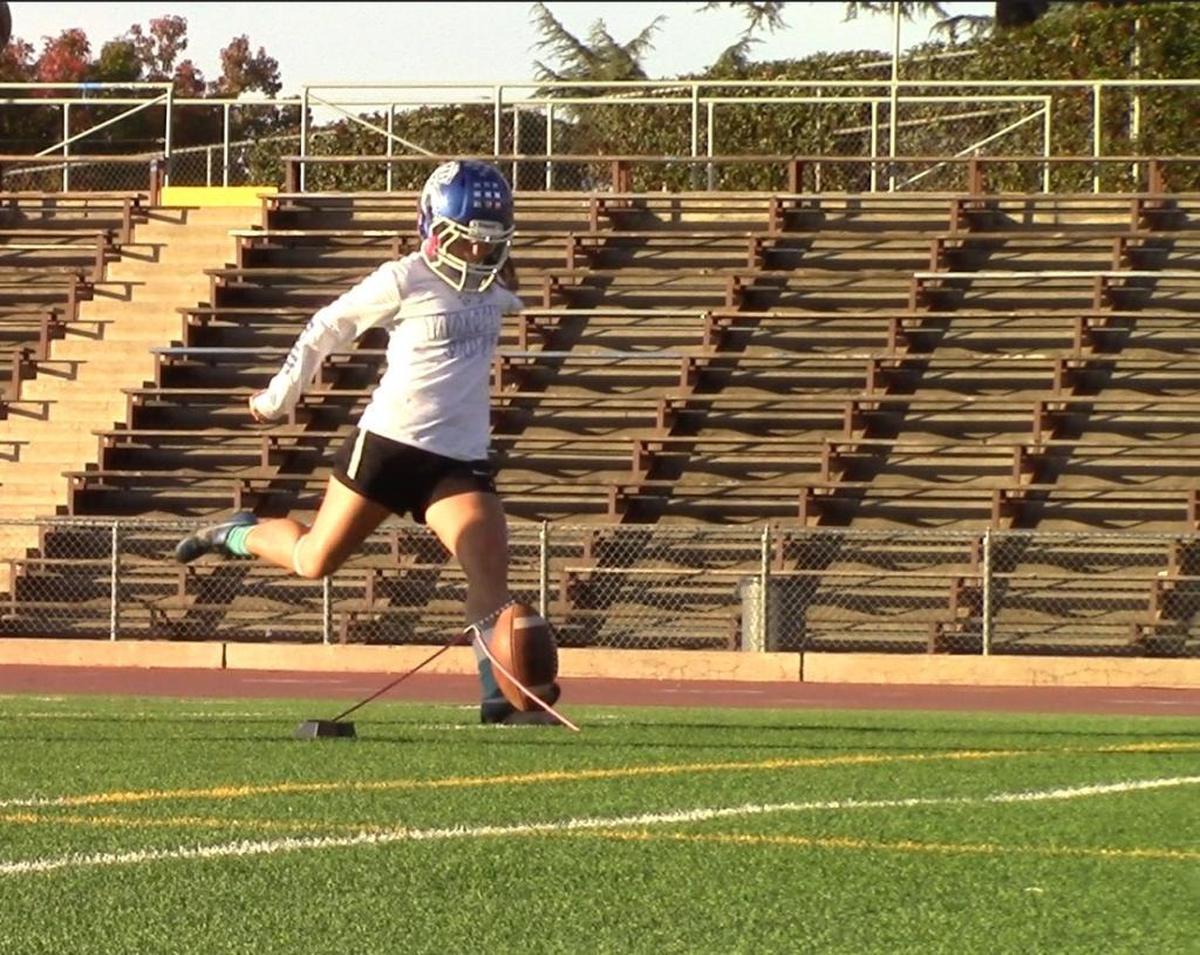 Madera High kicker Brisa Meza practices on Monday, Nov. 13, 2017. The 5-foot-2 sophomore set a school record with 10 extra points and set a Central Section record for most extra points by a female kicker in last week’s playoff game against Mt. Whitney.