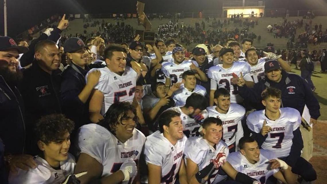 Strathmore High celebrated winning a state championship after defeating Orange 31-29 on Saturday, Dec. 16, 2017, in the CIF Division 6-AA final at El Modena High in Orange.