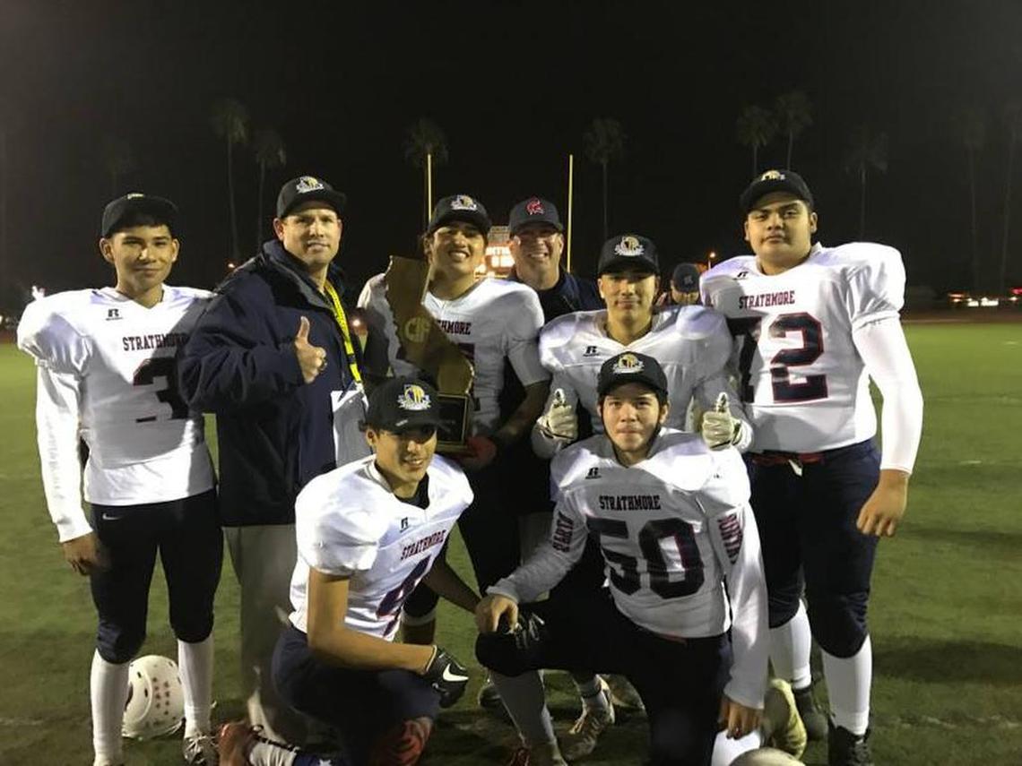 A year after finishing as the runner-up, Strathmore High completed a perfect run to a CIF State championship after defeating Orange 31-29 in the Division-6AA final on Saturday, Dec. 16, 2017, at El Modena High in Orange.