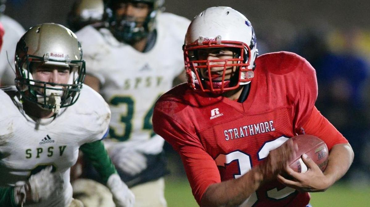 Strathmore’s Joseph Garcia, in action in last year’s state championship game, has led the Spartans back to the state final Saturday against Orange at El Modena High. This season Garcia has 300 carries for 2,626 yards and 45 touchdowns.