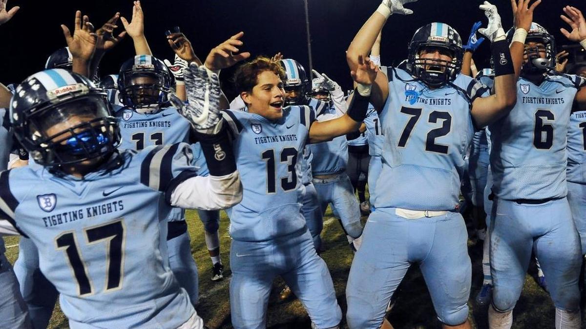 Bullard High celebrates its 21-14 win over Sanger in a Central Section Division I playoff game Thursday, Nov. 9, 2017. Next for the eighth-seeded Knights is a quarterfinal against No. 1 Central.