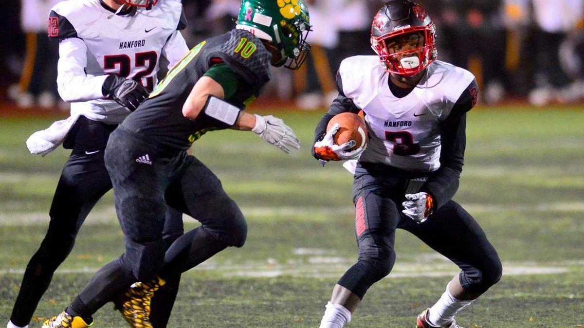 Hanford's Juwuane Hughes (3), who scored three receiving touchdowns against Sonora on Dec. 11, will be a key defensive target for Bonita Vista-Chula Vista in Saturday night’s CIF State Division IV-AA championship at Neighbor Bowl.