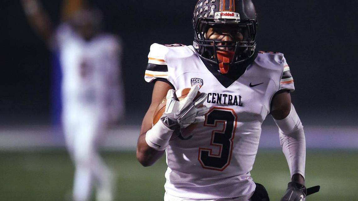 Central High’s Jeremiah Hunter runs in for a touchdown against Sierra Canyon in the state football championship held at Cerritos College Friday night, Dec. 13, 2019 in Norwalk.