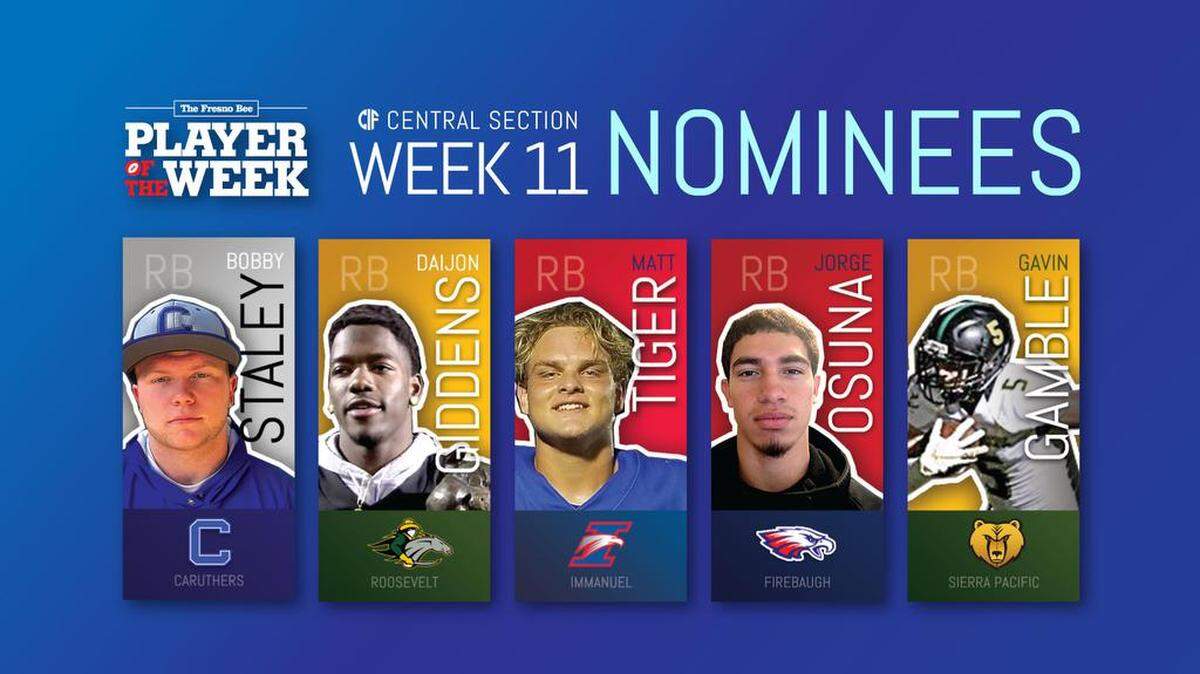 Here were the nominees for The Fresno Bee Player of the Week from Week 11 from left to right: Bobby Staley of Caruthers, Daijon Giddens of Roosevelt, Matt Tiger of Immanuel, Jorge Osuna of Firebaugh and Gavin Gamble of Sierra Pacific.