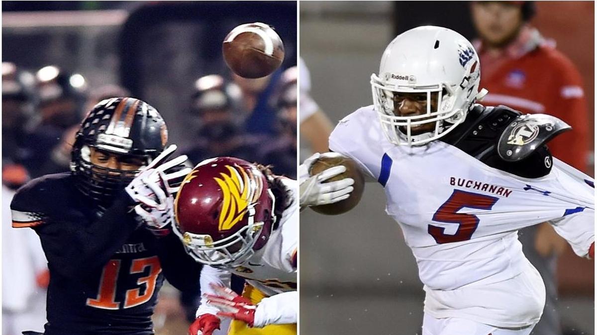 Central’s Jacob Hollins, left, and Buchanan’s Jordan Huddleston, right, give their take on their team’s matchup. No. 1 Central visits No. 2 Buchanan at Veterans Memorial Stadium on Thursday, Oct. 5, 2017 in Clovis.