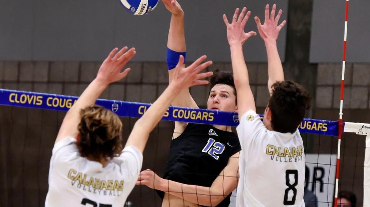Clovis High’s Max Ogas, shown delivering a point in the Cougars’ win over Calabasas in a CIF Southern California Regional semifinal Thursday, May 25, was part of the winning South team in the 2017 Fresno City/County All-Star Volleyball Match.