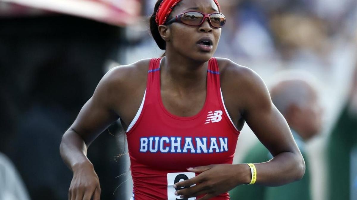 Buchanan High’s Hannah Waller looks to the board after placing second in the 400 at the CIF State Track and Field Championships on Saturday, June 4, 2016, at Buchanan’s Veterans Memorial Stadium. Waller finished in 53.01 and later placed third in the 200 in 23.53, both times improving on her Central Section times. She heads to Oregon with seven state medals – five individual (gold, silver, two thirds and a fourth) and two relays.