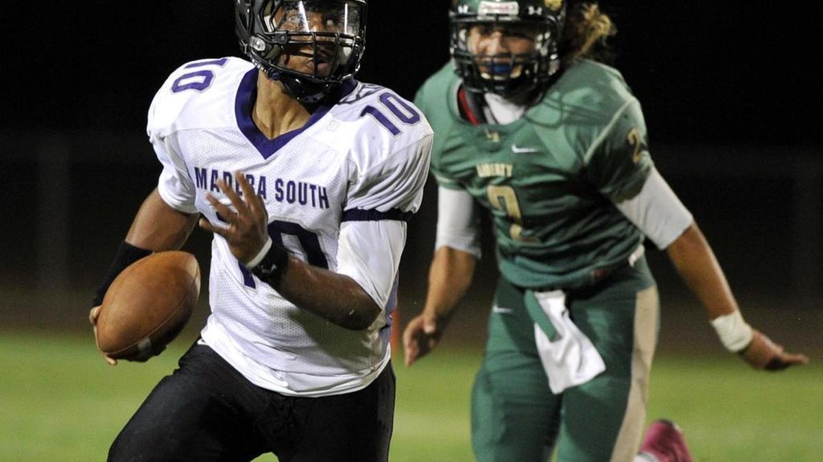 
Madera South High quarterback Jonah Johnson ran for five touchdowns and passed for another as the Stallions beat Liberty-Madera Ranchos 41-21 on Friday, snapping the Hawks’ state-leading winning streak at 22.
