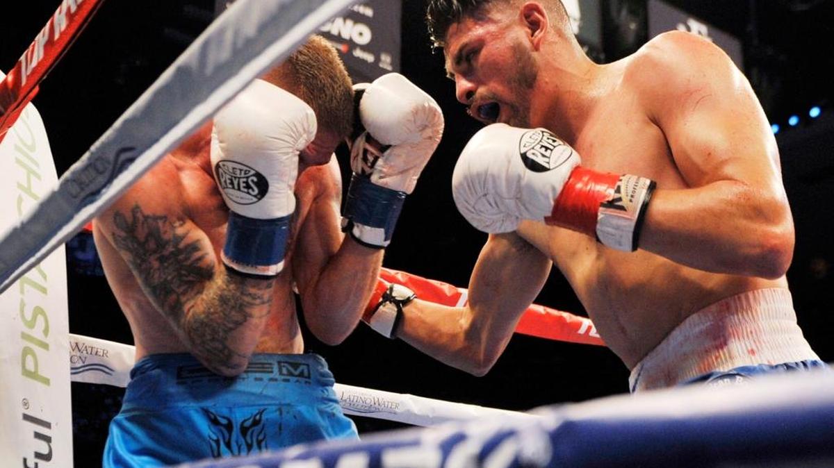 Jose Ramirez of Avenal gets Denver’s Rob Frankel in the corner in the main event on the Fight for Water 4 card Saturday night, May 9, 2015, at Selland Arena. Ramirez (19-0, 14 KOs), who won that bout and five more since, returns to the ring May 5 in Reno against Jake Giuriceo (20-5-1, 5 KOs).