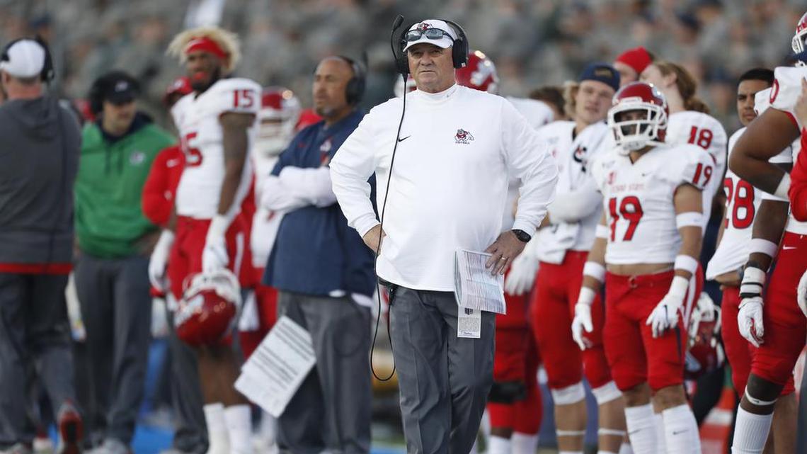 Fresno State Bulldogs coach Jeff Tedford works the sideline in the first half of the Bulldogs’ 43-24 loss at Air Force Saturday, Oct. 12, 2019, at Air Force Academy, Colo.