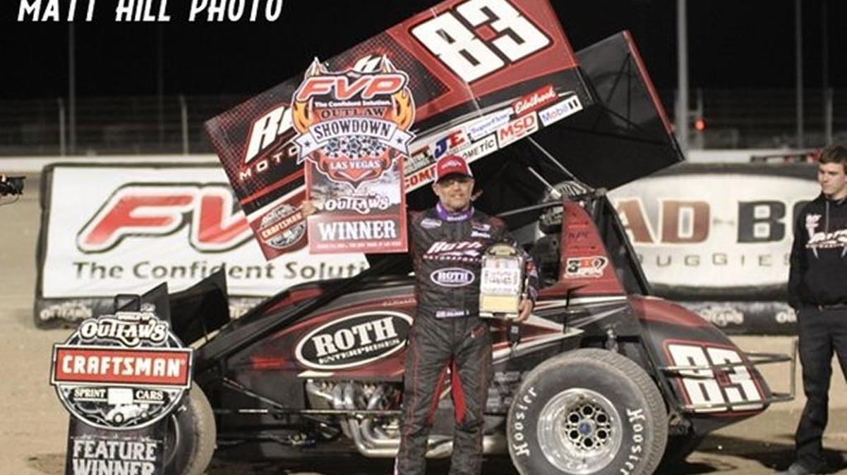 Joey Saldana, driving the Fresno-based Roth Motorsports World of Outlaws sprint car, in victory lane in Las Vegas on March 3, 2016.