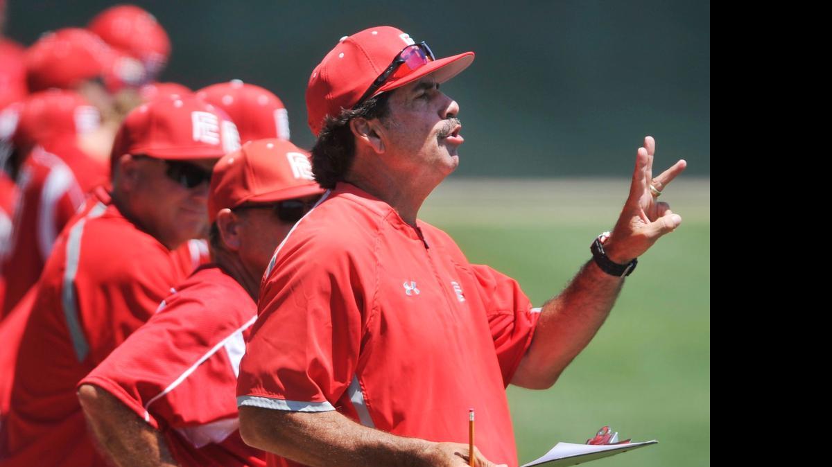 
Fresno City College coach Ron Scott calls out instructions during the Rams’ Super Regional series game against Ohlone on May 10.

