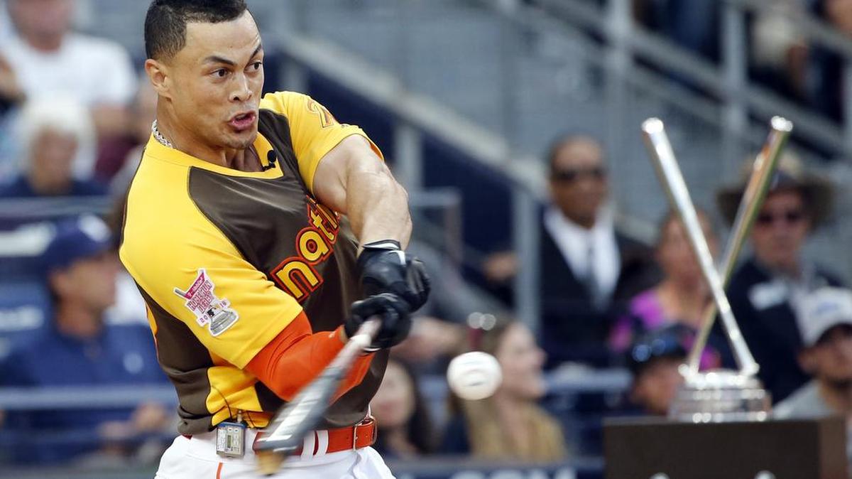 Giancarlo Stanton, of the Miami Marlins, hits during the MLB baseball All-Star Home Run Derby, Monday, July 11, 2016, in San Diego. Stanton launched a record 61 home runs, 24 in the first round. Todd Frazier, who lost in the final, hit the second most (42).