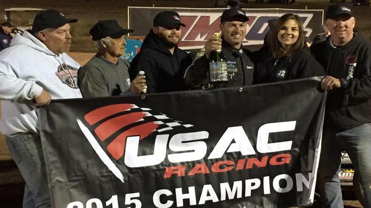 Driver Danny Faria Jr. of Tipton and his race crew celebrate winning the 2015 U.S. Auto Club West Coast Sprint Cars season championship. The series returns to the central San Joaquin Valley with a headline show Saturday night in Hanford.
