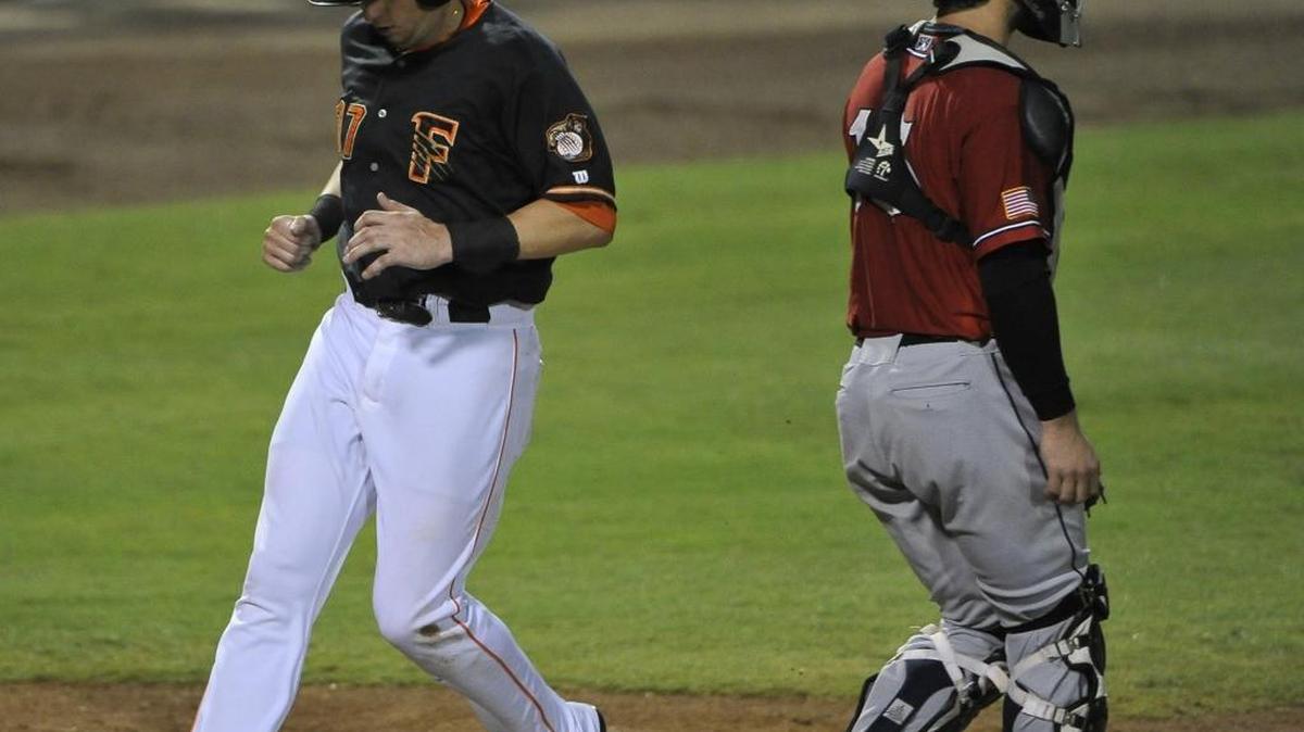 
Fresno’s Matt Duffy gets the Grizzlies on the board Wednesday in Game 1 of a Pacific Coast League playoff series with El Paso. The Grizzlies won the game 9-1.
