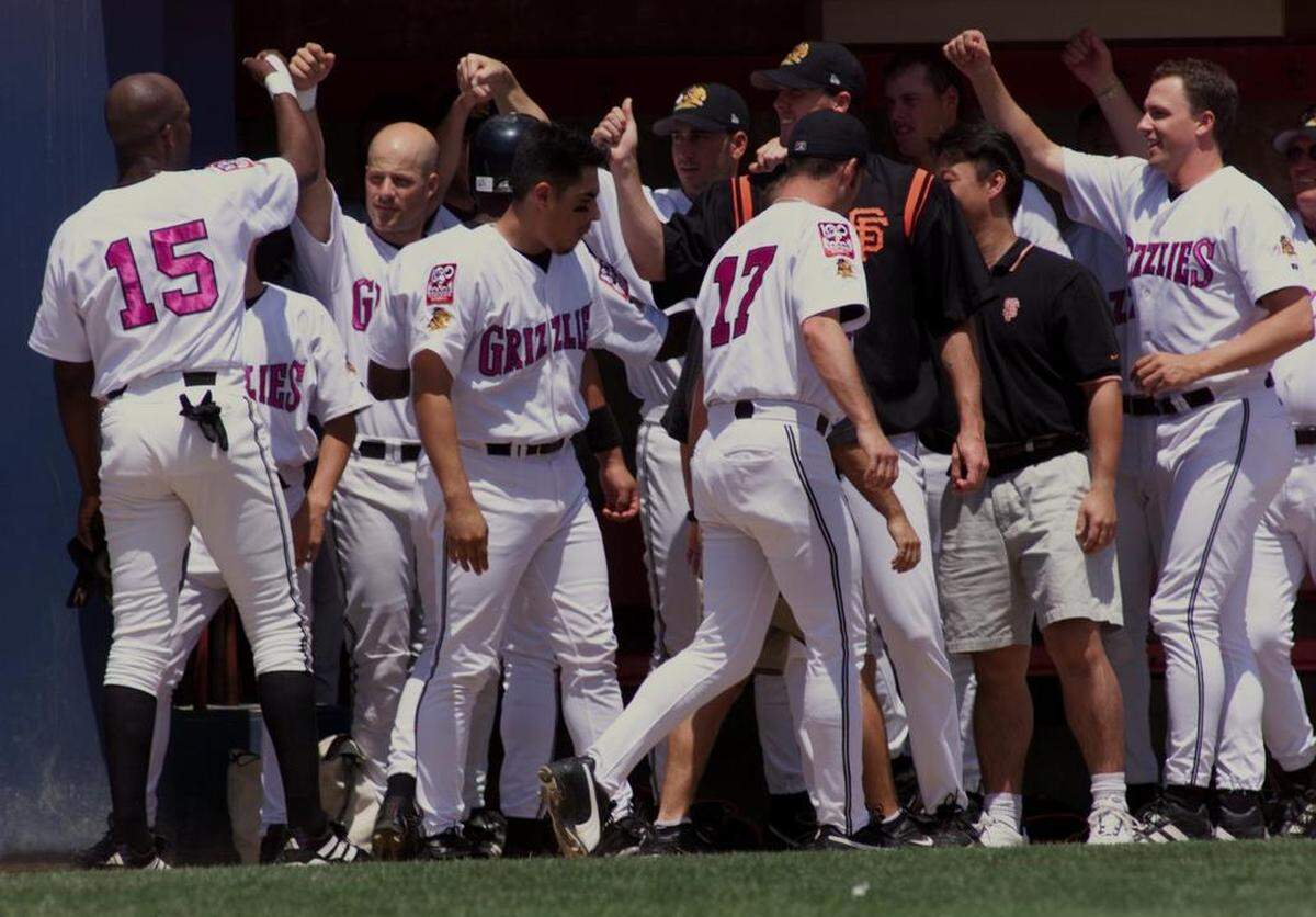 The Fresno Grizzlies celebrate a 2001 win at Beiden Field.