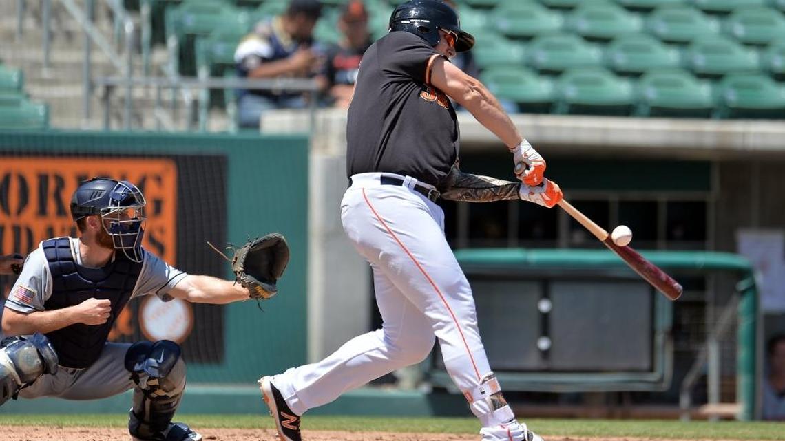 Fresno Grizzlies’ A.J. Reed at bat against the El Paso Chihuahuas on Sunday at Chukchansi Park in Fresno.
