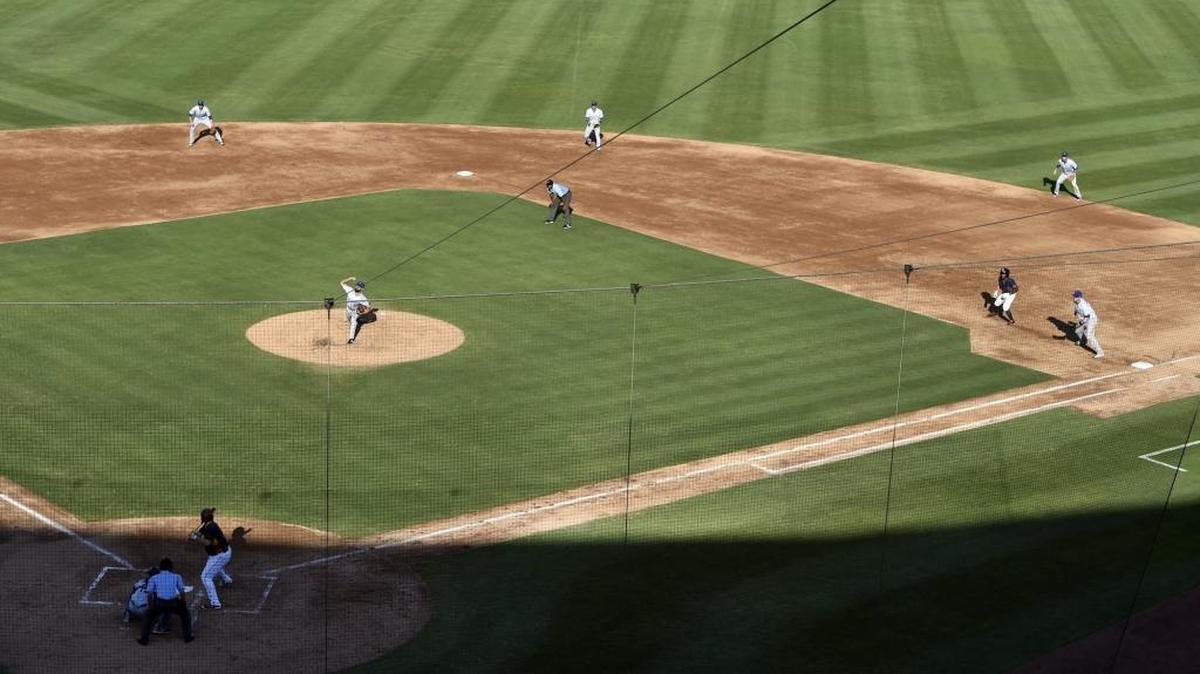 Three infielders guard the right side of the infield as the Las Vegas 51s employ a “Ted Williams” defensive shift against the Fresno Grizzlies in Thursday’s game at Chukchansi Park.
