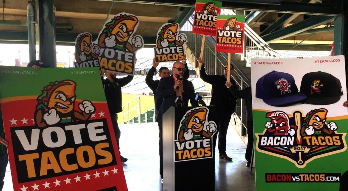 Fresno Grizzlies general manager Derek Franks announces the Bacon vs. Tacos online contest against the Lehigh Valley Iron Pigs, on Tuesday, March 21, 2017. The contest will decide once and for all, which minor league team boasts the better food.