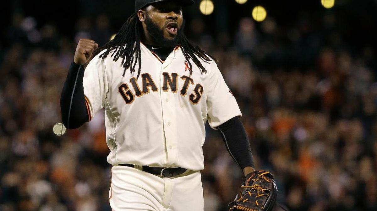 Giants right-hander Johnny Cueto leaves the mound after getting San Diego’s Matt Kemp to ground out to end the top of the ninth inning of Monday’s 1-0 win over the Padres in San Francisco.