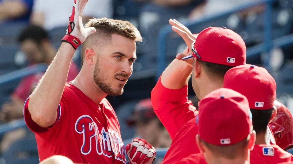 Philadelphia’s Brock Stassi celebrates with teammates after hitting a home run against the New York Yankees during a spring training baseball game Feb. 24, 2017, in Tampa, Fla. Stassi teared up March 30, 2017, after learning he was named to the Phillies’ opening-day roster.