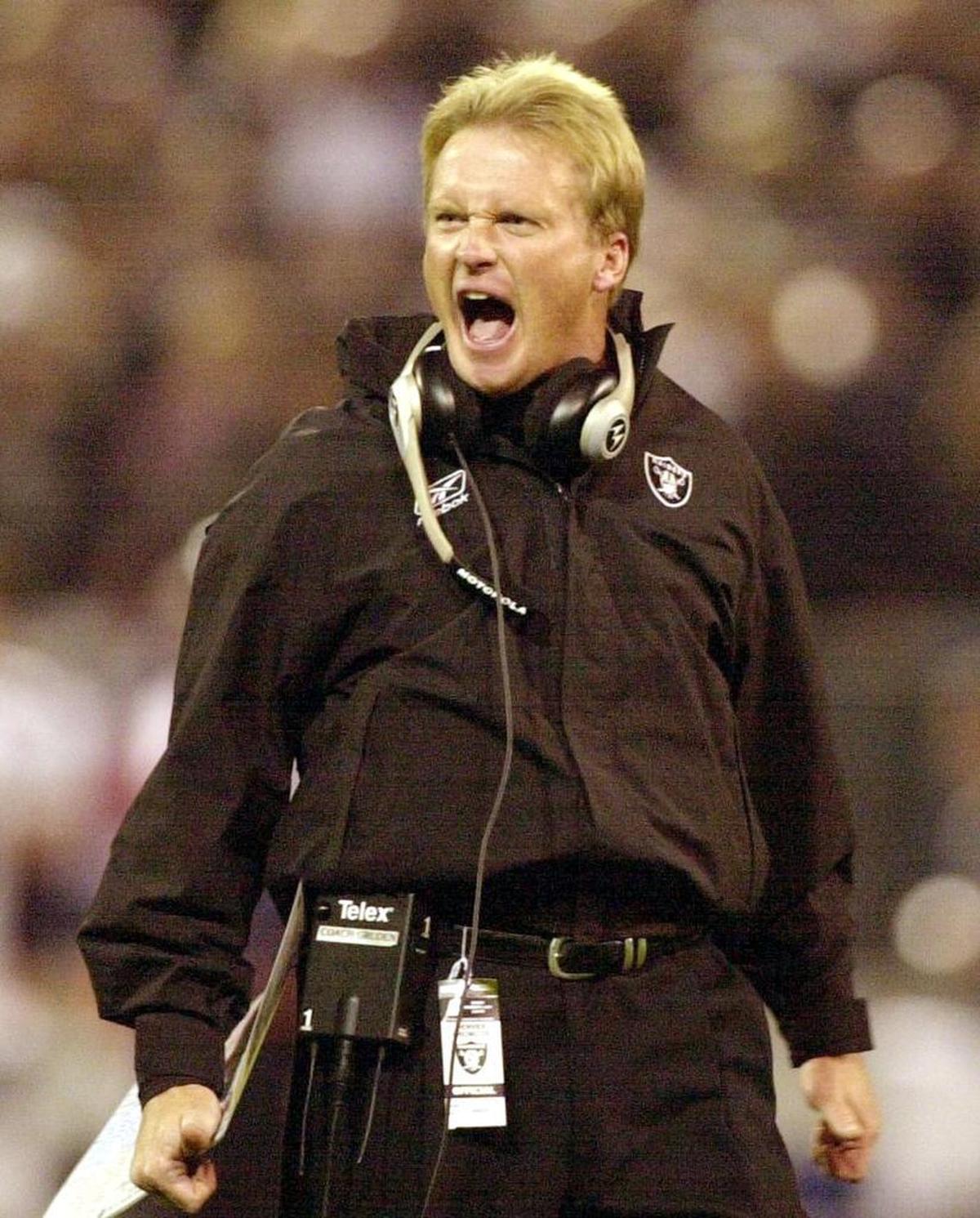 Raiders coach Jon Gruden, shown in this file photo from November 2001, is returning to the team he coached from 1998 to 2001. He was 38-26 in Oakland and is 95-81 overall in the NFL, winning a Super Bowl championship in Tampa Bay in 2002.