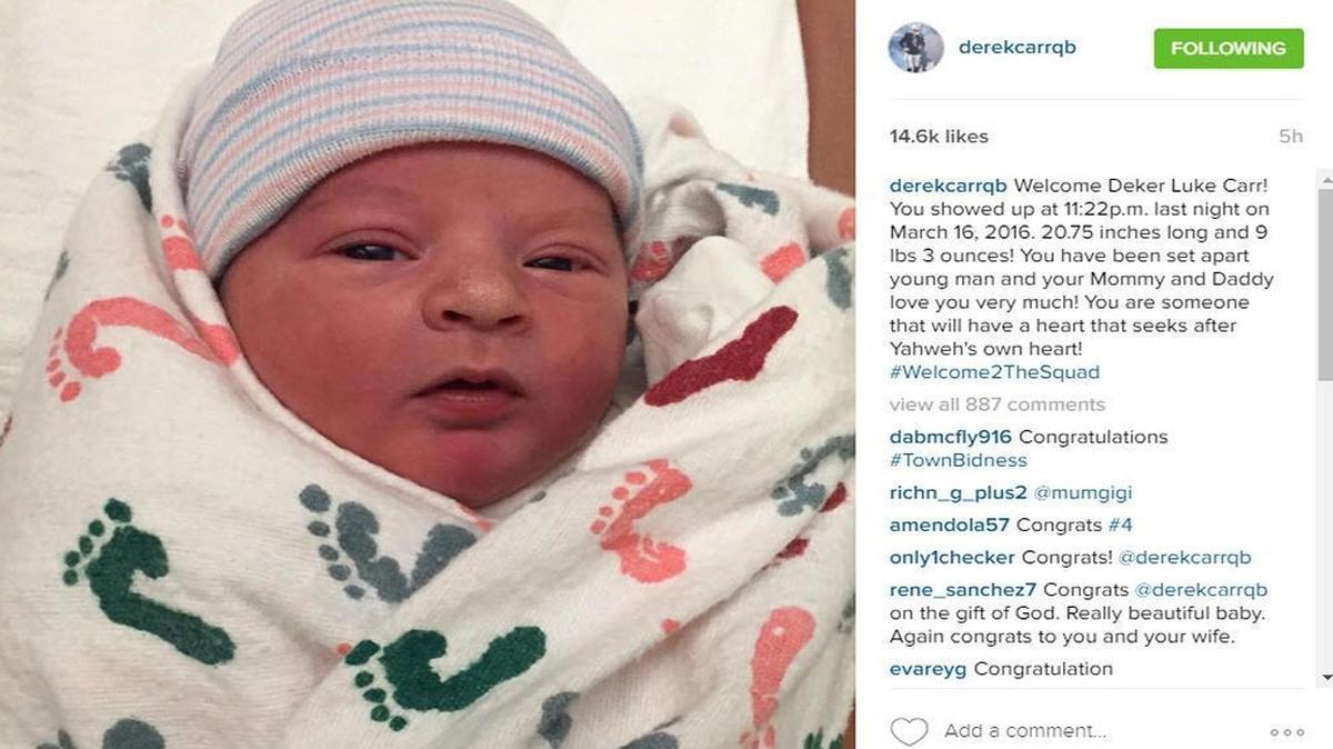 Derek Carr posted this birth announcement on his Instagram account.