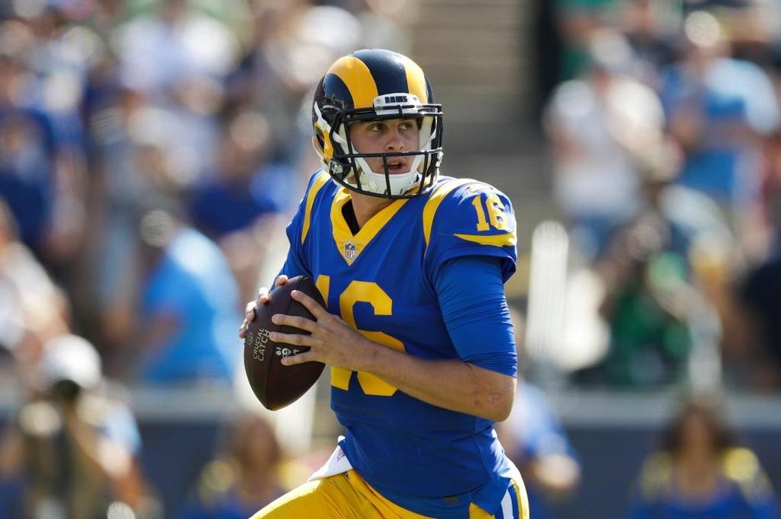 Los Angeles Rams quarterback Jared Goff looks to pass during the game against the Seattle Seahawks Sunday, Oct. 8, 2017. After a rough rookie season, Goff is thriving in the offense installed by new coach Seean McVay. The former No. 1 overall pick in the NFL Draft has completed 61 percent of his passes for 1,360 yards with seven touchdowns and three interceptions.