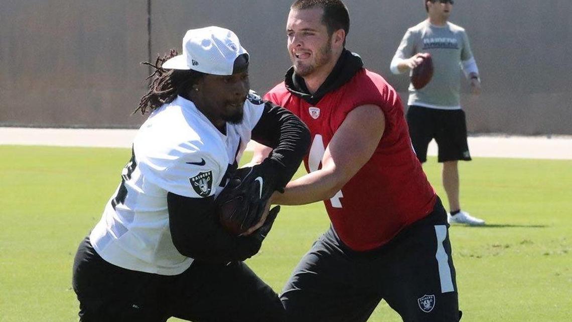 Newly acquired running back Marshawn Lynch participated in his first Oakland Raiders’ offseason workout program on Monday. He also took handoffs from former Fresno State star Derek Carr.