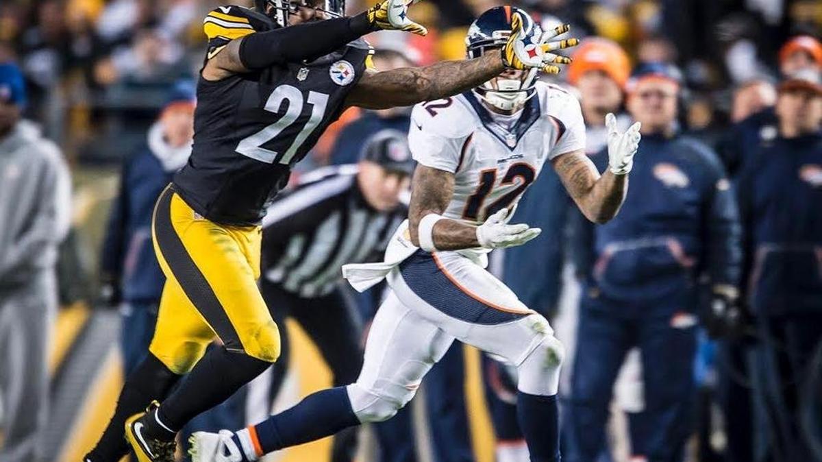 Pittsburgh safety Robert Golden goes for an interception and potential pick-six touchdown return, but winds up dropping the ball in a Week 15 game against Denver. The Steelers and Broncos meet in an AFC divisional playoff game Sunday in Denver.