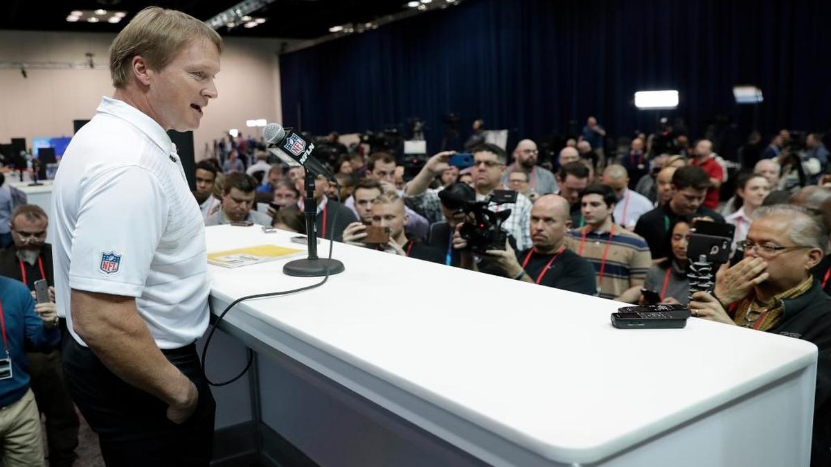 Oakland Raiders coach Jon Gruden speaks to the media at the NFL Combine, Wednesday, Feb. 28, 2018, in Indianapolis.