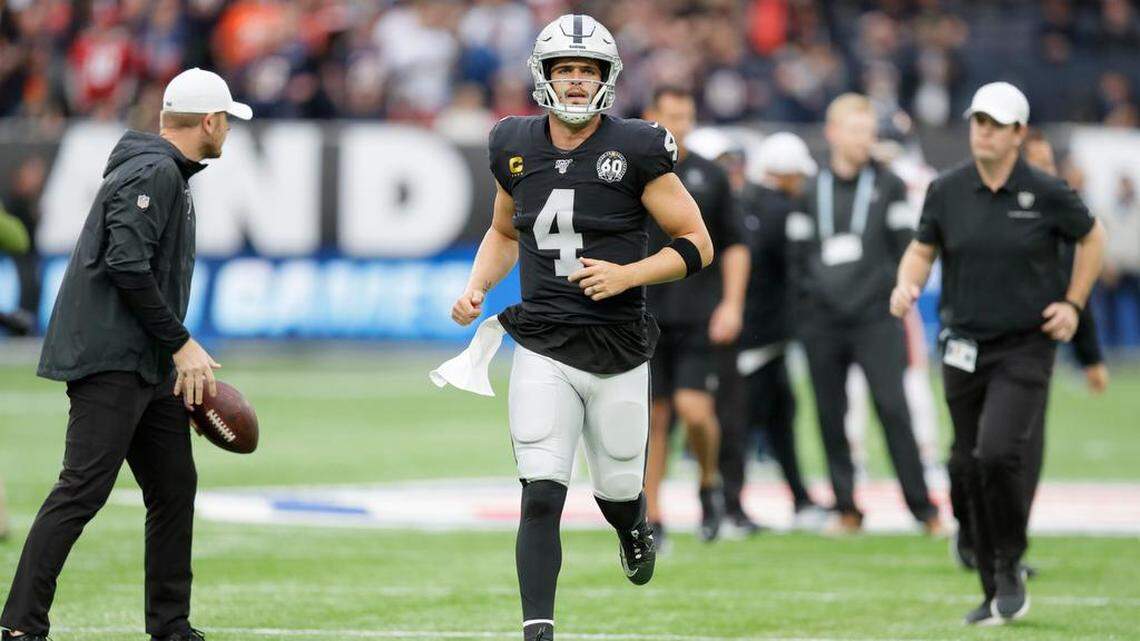 Las Vegas Raiders quarterback Derek Carr (4) runs onto the field before for an NFL football game against the Chicago Bears at Tottenham Hotspur Stadium, Sunday, Oct. 6, 2019, in London. Carr led the Raiders to his 17th fourth quarter comeback with a 24-21 victory over the Bears.