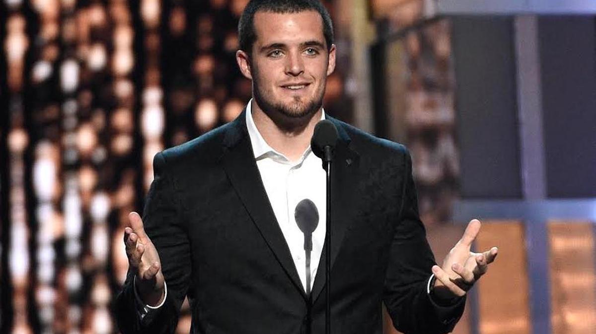 Derek Carr of the Oakland Raiders speaks at the 52nd annual Academy of Country Music Awards at the T-Mobile Arena on Sunday, April 2, 2017, in Las Vegas.