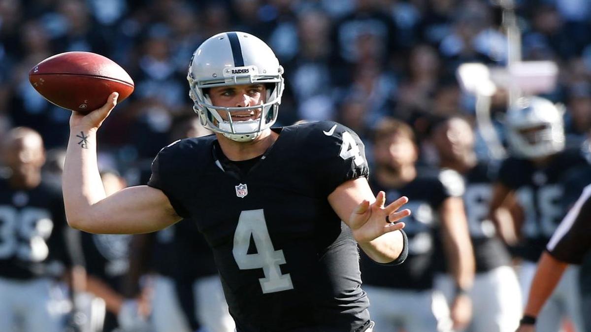 Oakland Raiders quarterback Derek Carr is shown during an NFL preseason football game against the Tennessee Titans Saturday, Aug. 27, 2016, in Oakland.