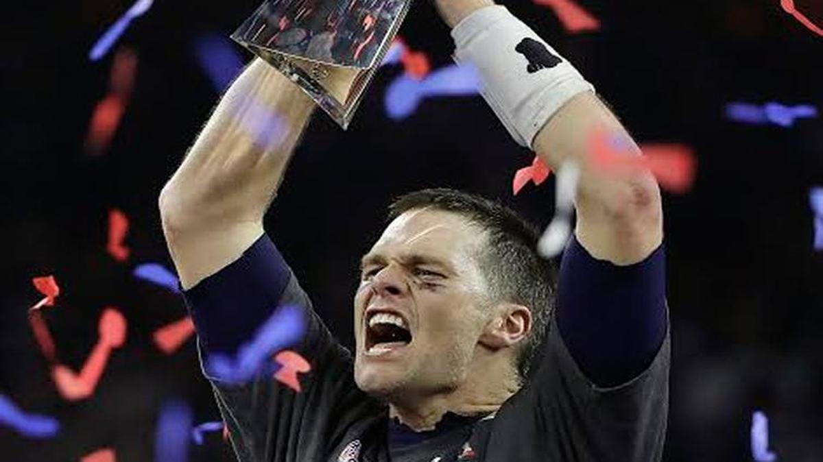 New England Patriots quarterback Tom Brady celebrates with the Vince Lombardi Trophy after tSuper Bowl LI football game against the Atlanta Falcons Sunday, Feb. 5, 2017, in Houston.