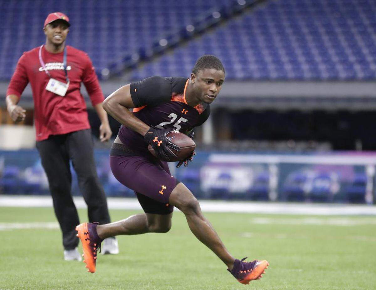 FILE - In this March 4, 2019, file photo, Clemson defensive back Trayvon Mullen runs a drill at the NFL football scouting combine in Indianapolis. Mullen was taken by the Oakland Raiders in the second round (40th overall).