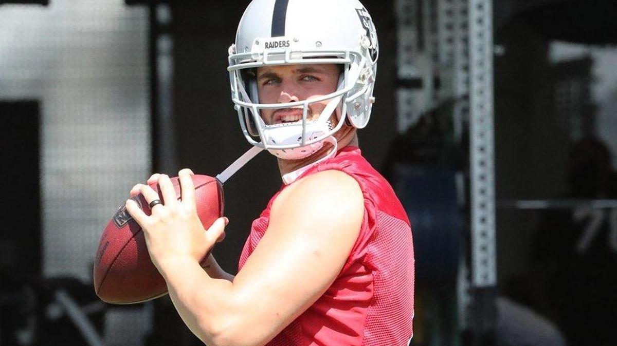 Oakland Raiders quarterback Derek Carr gears up for the team’s organized team activities on Tuesday, June 6, 2017.