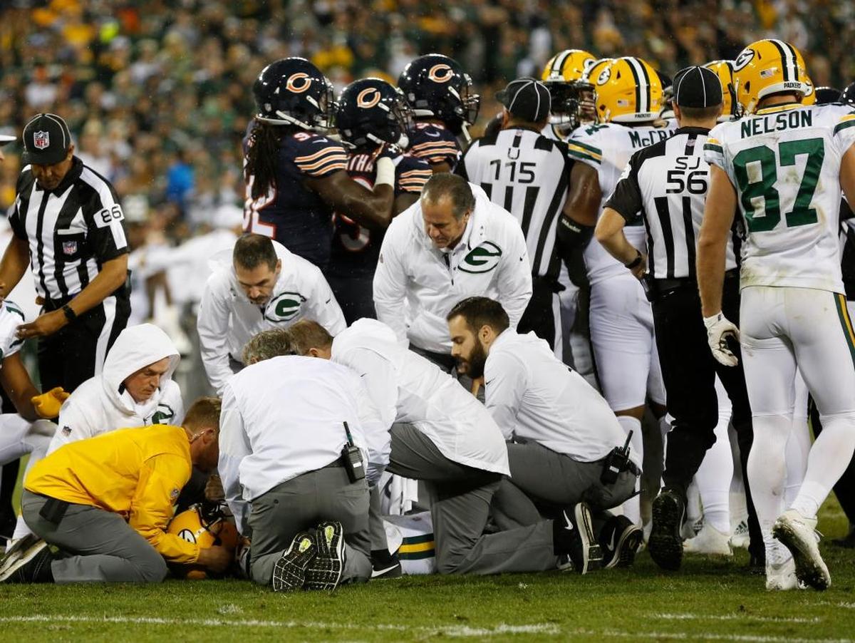 Green Bay Packers receiver Davante Adams is put onto a stretcher after being hit in the head during the Sept. 28 game in Green Bay, Wis. The Bears’ Danny Trevathan was suspended by the NFL for two games due to the helmet-to-helmet hit, a penalty that was reduced to one game upon appeal.