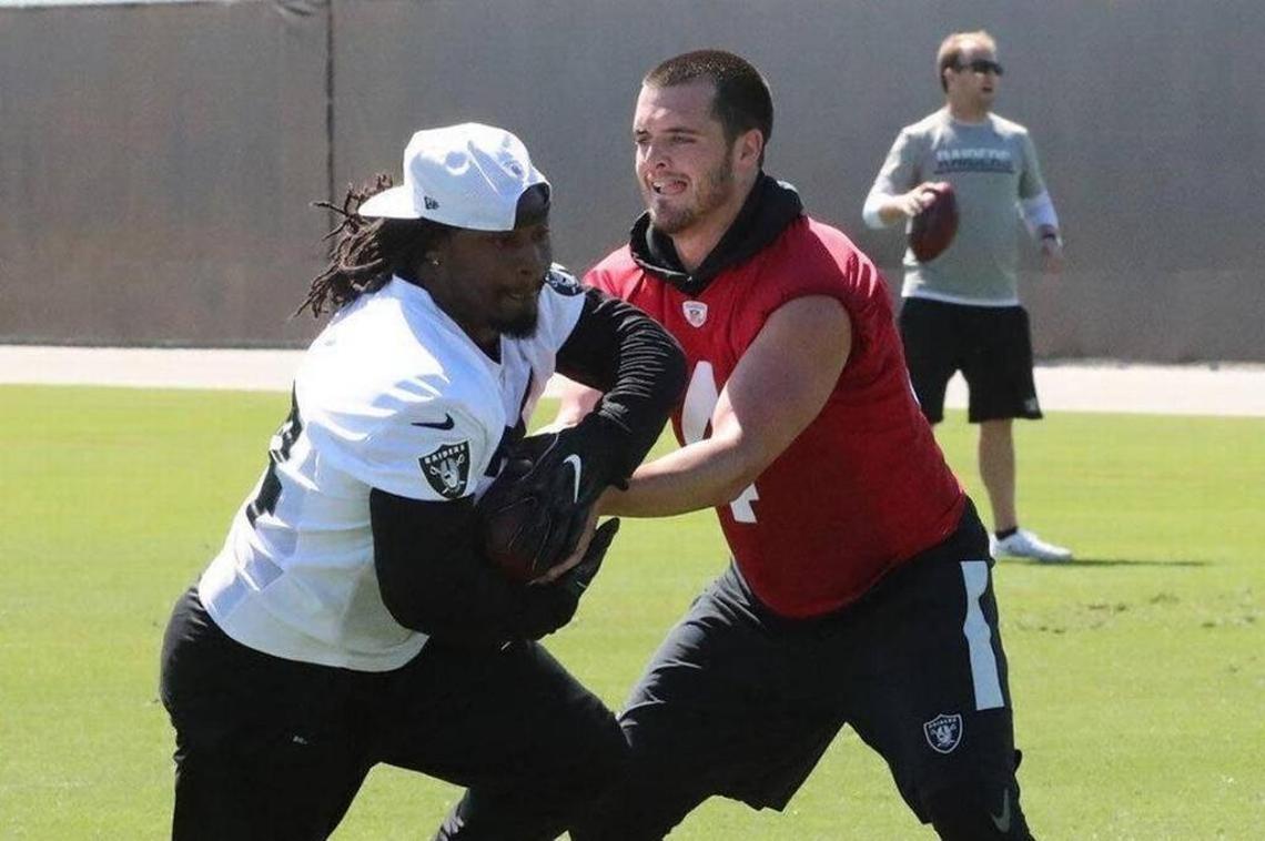 Newly acquired running back Marshawn Lynch participated in his first Oakland Raiders’ offseason workout program May 1. He also took handoffs from former Fresno State star Derek Carr.