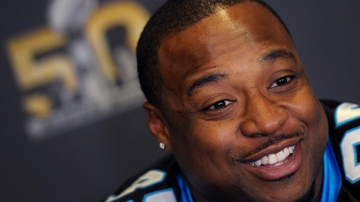 Panthers fullback Mike Tolbert is pumped for that goal-line carry early in the first quarter that will bring home 16-1 to his backers for first touchdown scored in Super Bowl 50.
